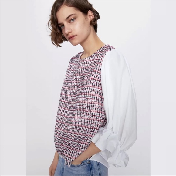 Zara Tops - Zara red and black tweed with white puff sleeves. Size S Excellent condition